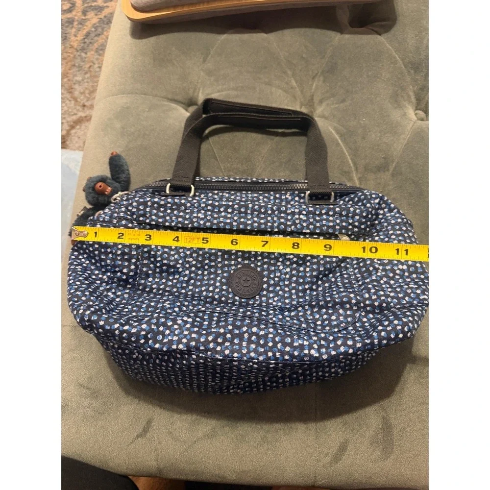 Kipling Satchel Bag Blue White Dot Print Monkey Charm Top Handle Crossbody